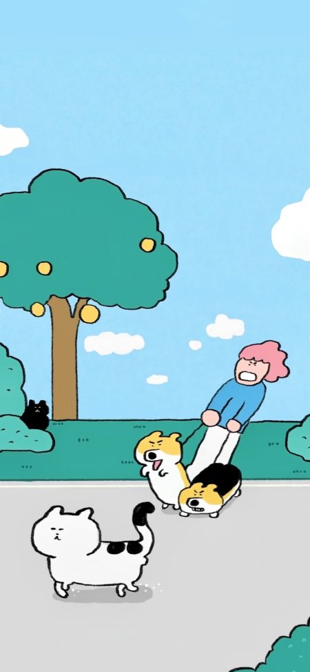 女孩遛狗猫咪路过公园搞笑场景动漫手机壁纸