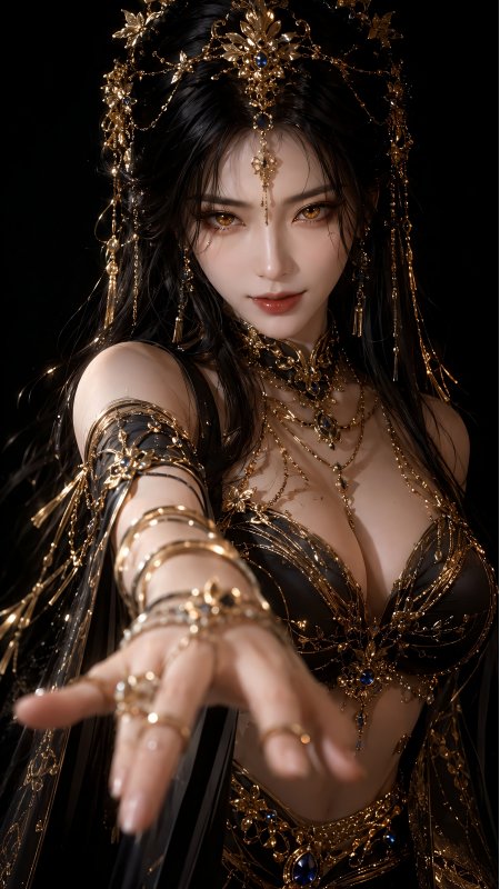 金饰黑裙美女伸手召唤华丽暗黑动漫手机壁纸