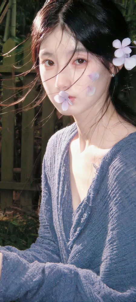 蓝衣美女发间紫花自然光人像手机壁纸