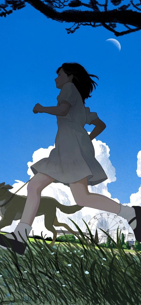 少女牵狗奔跑草地摩天轮背景动漫手机壁纸