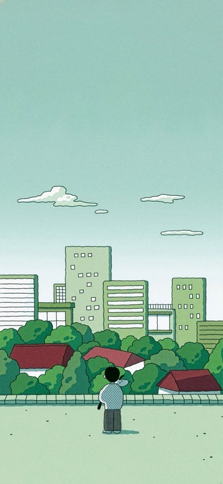 男孩抱狗望城市建筑动漫手机壁纸