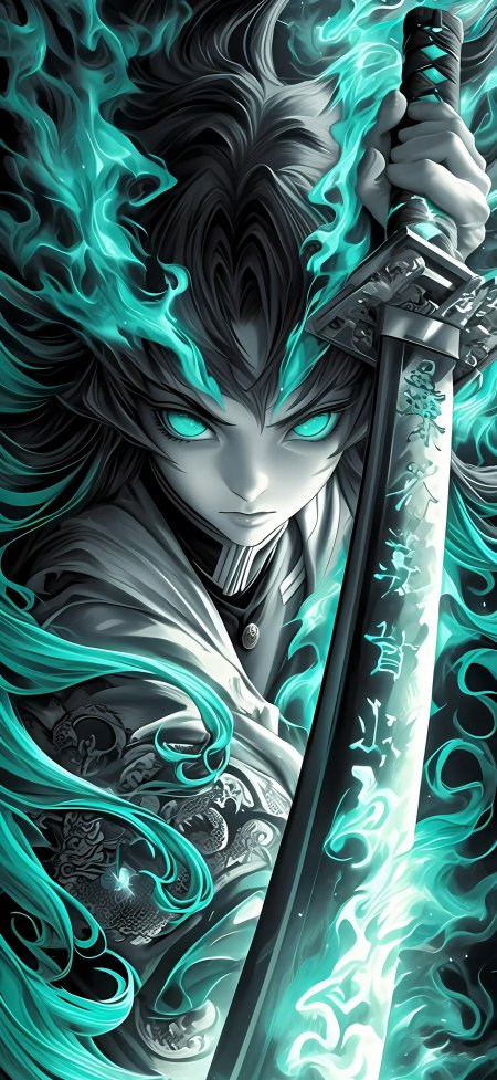 时透无一郎青焰环绕持刀战斗动漫手机壁纸