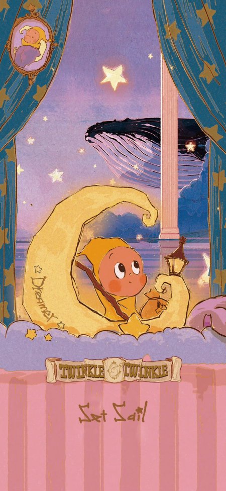 星星人坐月亮船观鲸星空治愈动漫手机壁纸