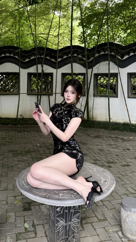 美女穿黑色旗袍坐石桌旁古风摄影手机壁纸