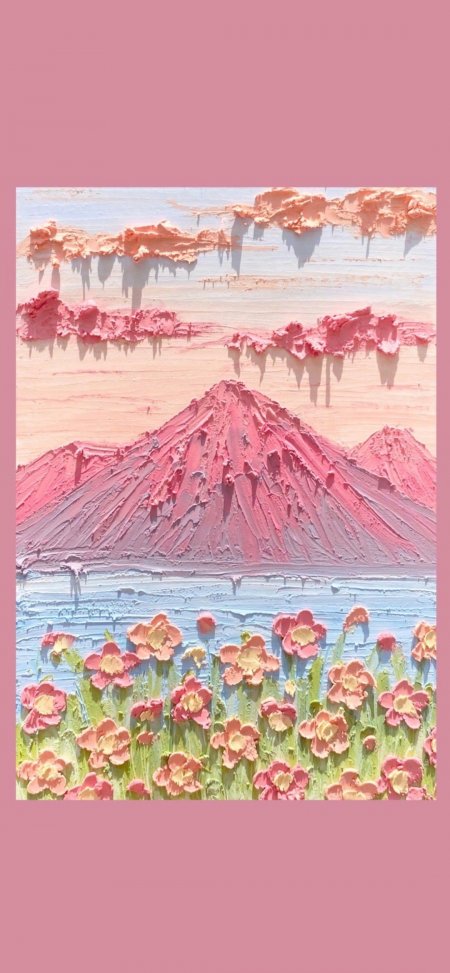 油画棒质感的粉色山脉与花海风景手机壁纸