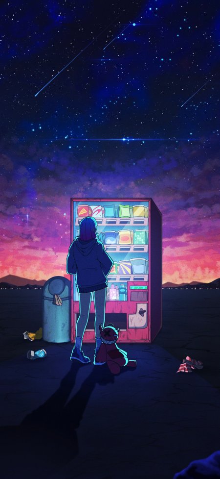 星空下少女站立自动售货机旁动漫手机壁纸