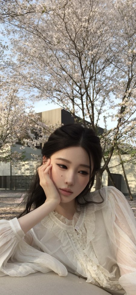 樱花树下白衣美女托腮特写人物手机壁纸