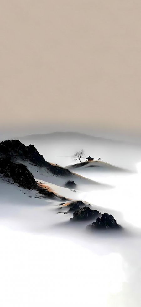 雪山雾凇孤亭枯树极简意境风景手机壁纸
