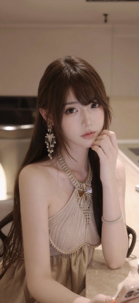 棕发美女金色礼服托腮优雅姿态人物手机壁纸
