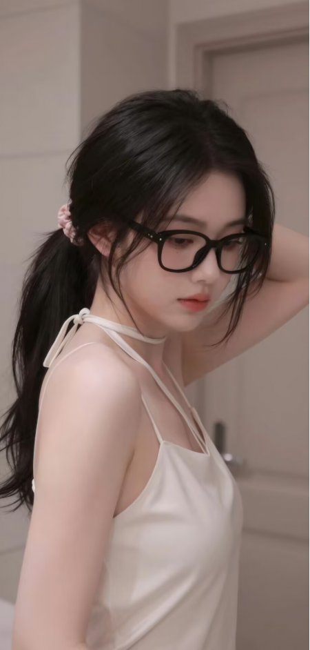 黑发美女白色吊带裙黑框眼镜室内温柔侧颜人物手机壁纸