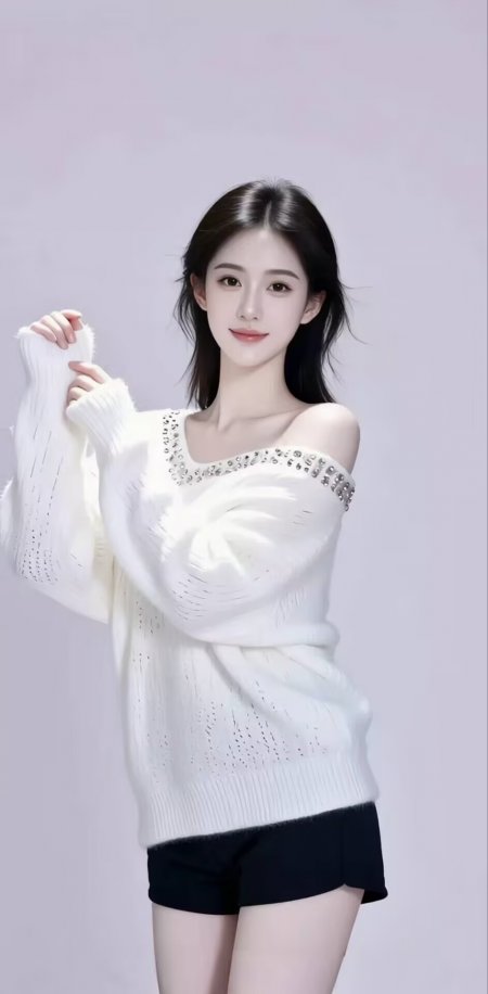 短发美女穿白镶钻毛衣配黑短裤人物手机壁纸