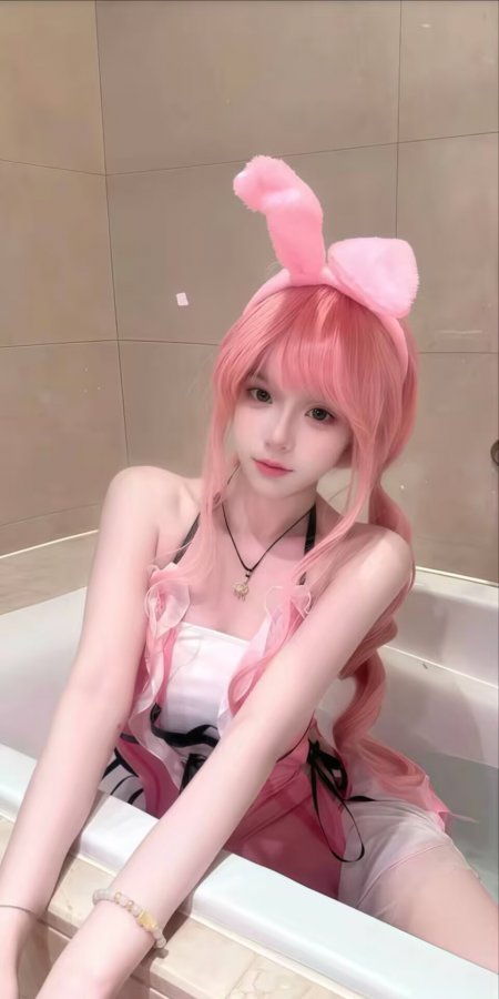 粉发美女戴兔耳发箍穿粉白裙坐浴缸人物手机壁纸