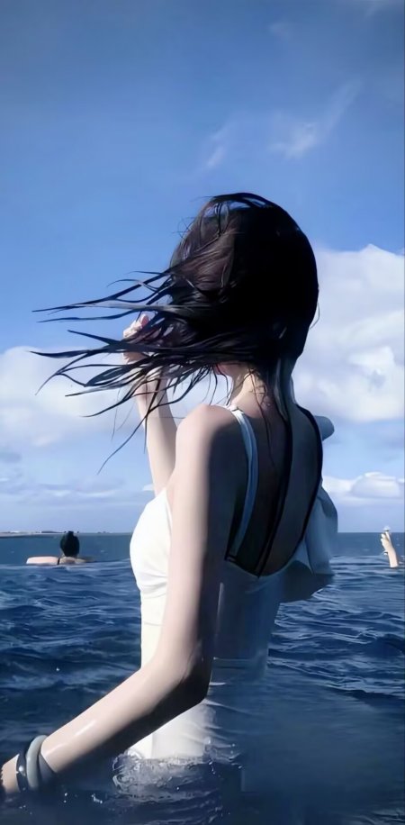 海边泳池白裙美女写真人物手机壁纸