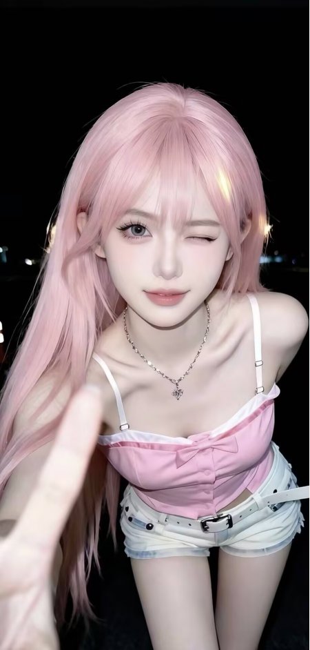 粉发美女穿粉吊带上衣白短裤眨眼人物手机壁纸