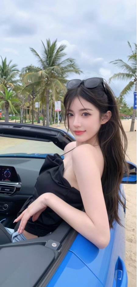 黑发美女黑色吊带裙蓝色跑车海边度假风情人物手机壁纸