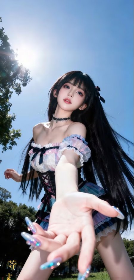 黑发双马尾少女洛丽塔裙装户外伸手互动阳光人物手机壁纸