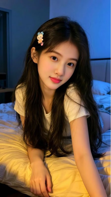 黑发美女白色T恤卡通发夹床上俯卧甜美可爱人物手机壁纸
