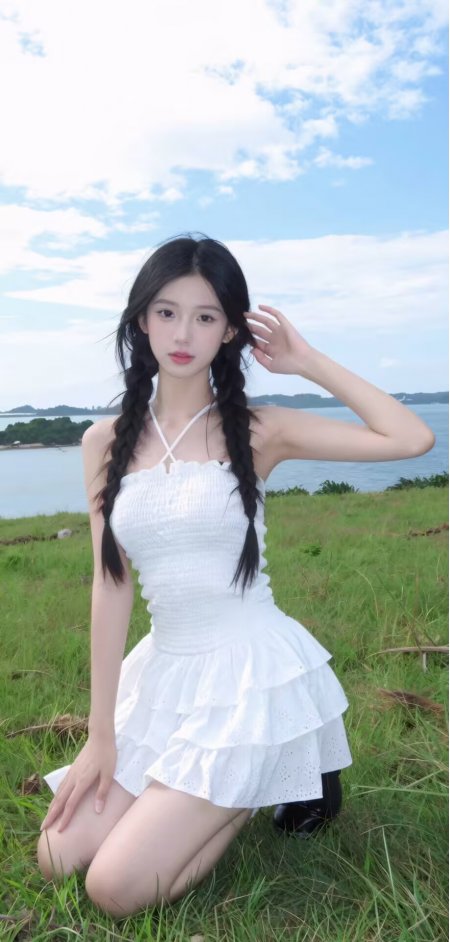 黑发美女双麻花辫白色吊带连衣裙草地湖畔自然风光人物手机壁纸