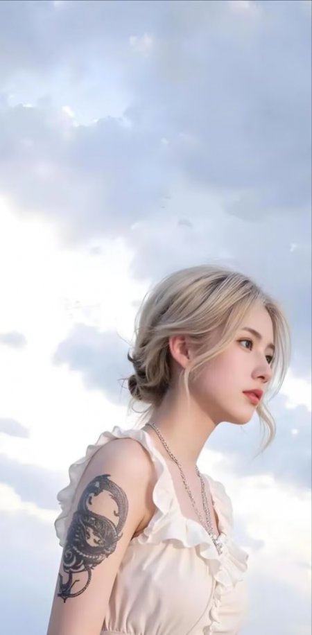 金发美女白色荷叶边上衣龙纹身蓝天背景清冷侧颜人物手机壁纸