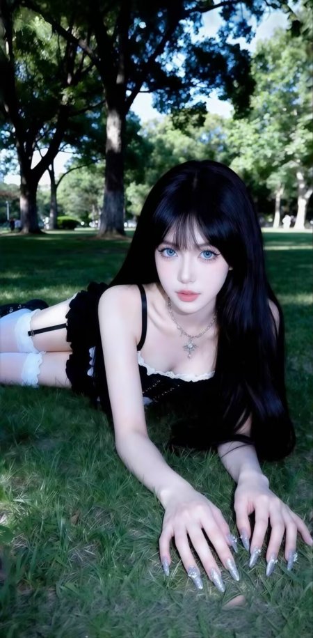 黑发蓝瞳美女穿黑蕾丝吊带裙躺草地人物手机壁纸