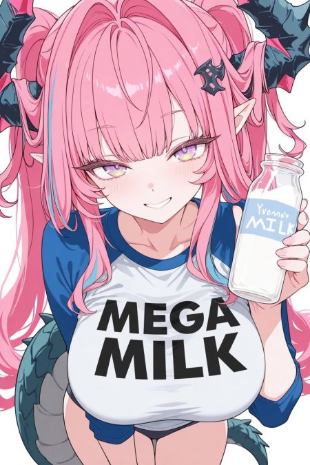 粉发少女恶魔角蓝色T恤手持牛奶瓶俏皮表情动漫手机壁纸