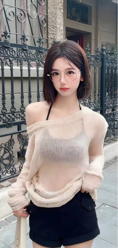 短发美女戴眼镜穿米色镂空针织衫配黑短裤人物手机壁纸
