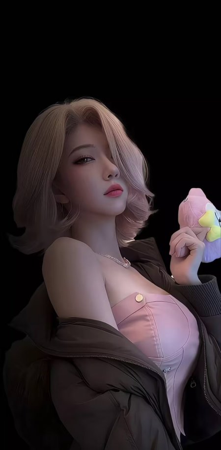 金发美女粉色抹胸上衣军绿色外套黑色背景手持玩偶人物手机壁纸