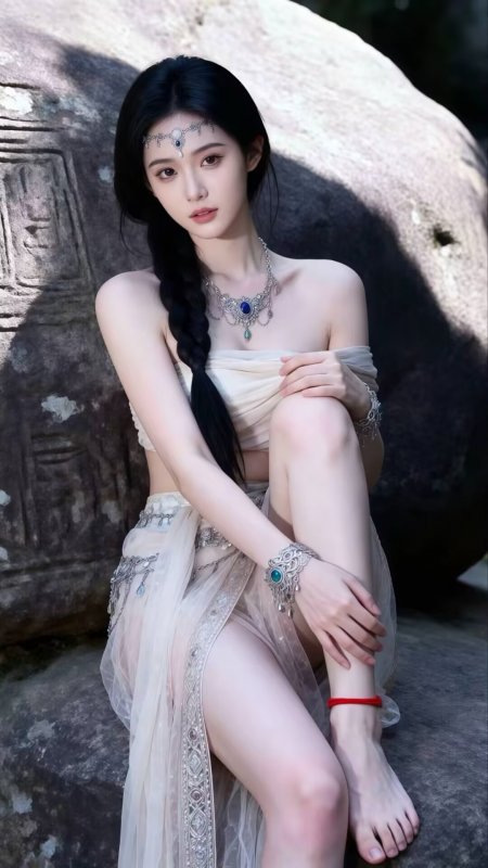黑发美女异域风银饰头链米色纱裙岩石背景神秘风格人物手机壁纸