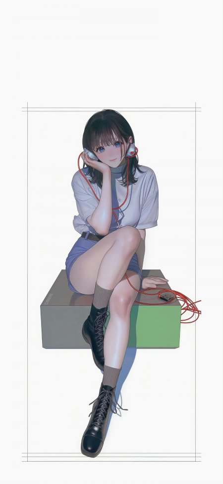 耳机少女坐姿休闲蓝白穿搭青春动漫人物手机壁纸