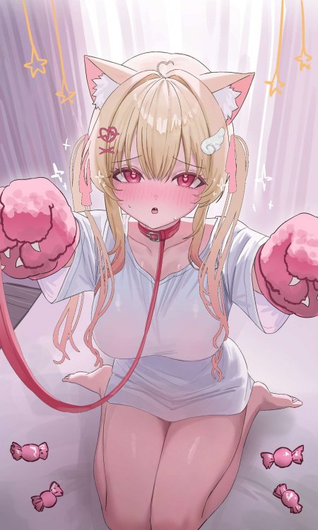 金发猫耳少女粉色猫爪手套白色T恤跪姿可爱动漫手机壁纸