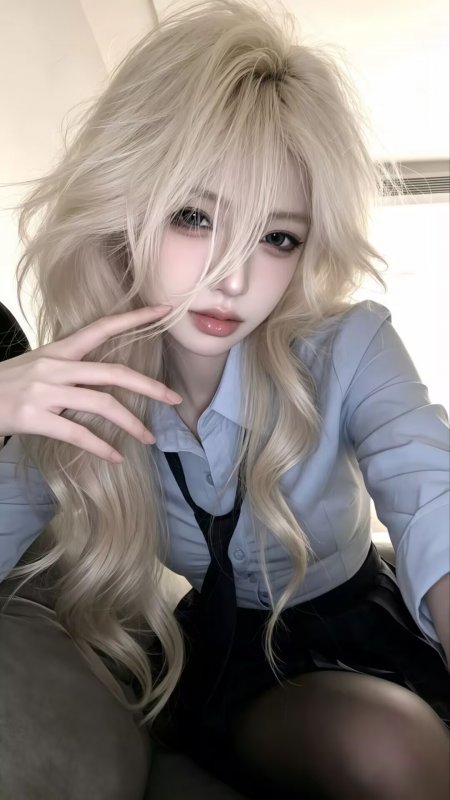 金发美女浅蓝色衬衫黑色领带室内柔光自拍甜美人物手机壁纸