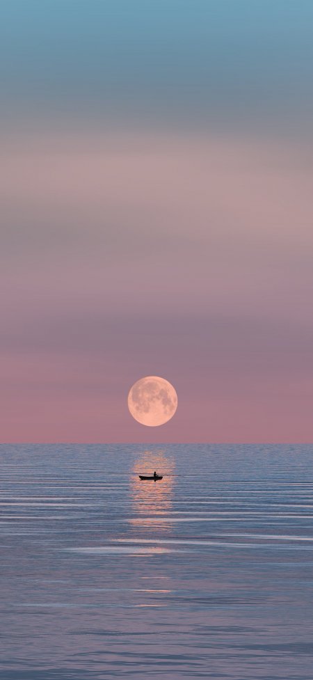 海上孤舟伴满月黄昏宁静意境风景手机壁纸