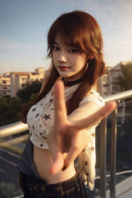 户外棕发美女星星短上衣牛仔热裤阳台伸手互动阳光人物手机壁纸