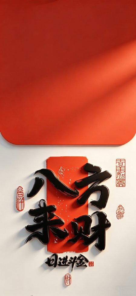 八方来财书法红底金章传统吉祥寓意创意手机壁纸