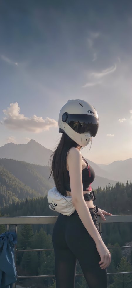 黑发美女白色头盔黑色运动装山景背景户外人物手机壁纸