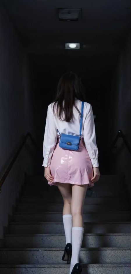 美女白衬衫粉短裙蓝包楼梯背影人物手机壁纸