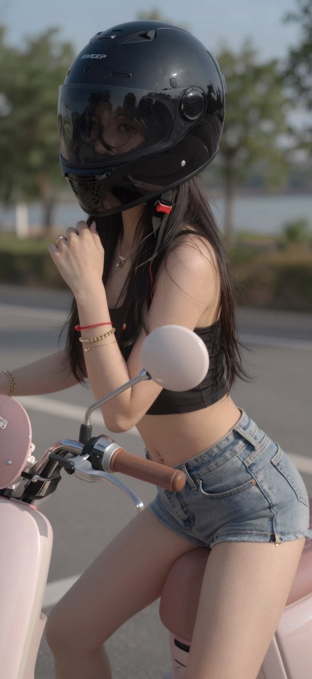 黑发美女黑色头盔粉色电动车户外骑行酷飒人物手机壁纸