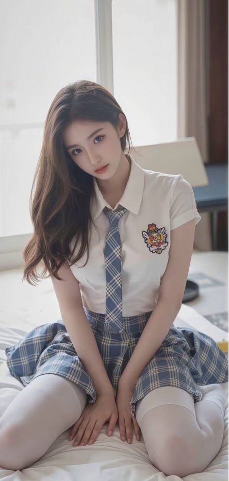 美女白衬衫格纹裙校服坐姿人物手机壁纸