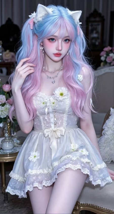 猫耳粉蓝渐变发色少女甜美洛丽塔裙装动漫手机壁纸
