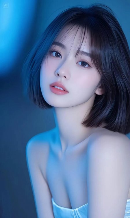 蓝调短发美女柔光侧颜蓝裙露肩优雅氛围美女手机壁纸
