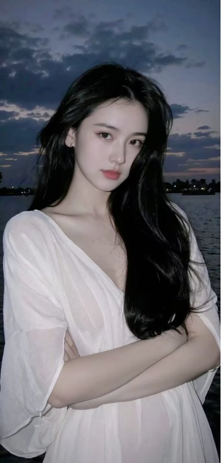 美女白色连衣裙湖边夜景温柔人物手机壁纸