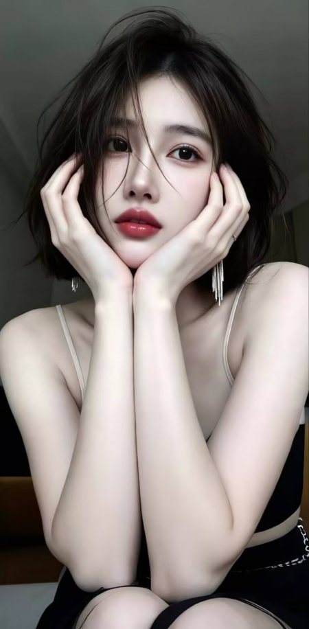 美女白色露肩上衣配黑丝巾托下巴温柔人物手机壁纸