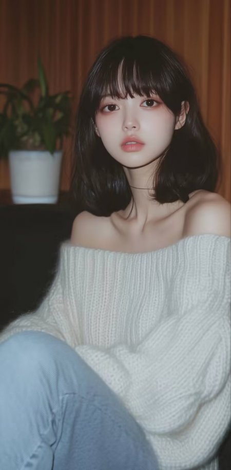 美女白色露肩毛衣室内温柔人物手机壁纸