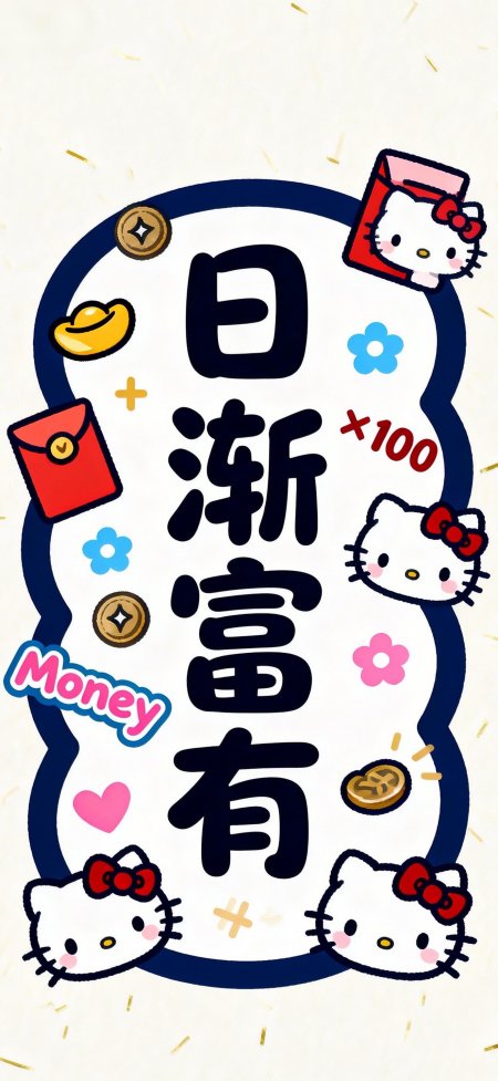 HelloKitty红包金币花朵环绕可爱动漫手机壁纸