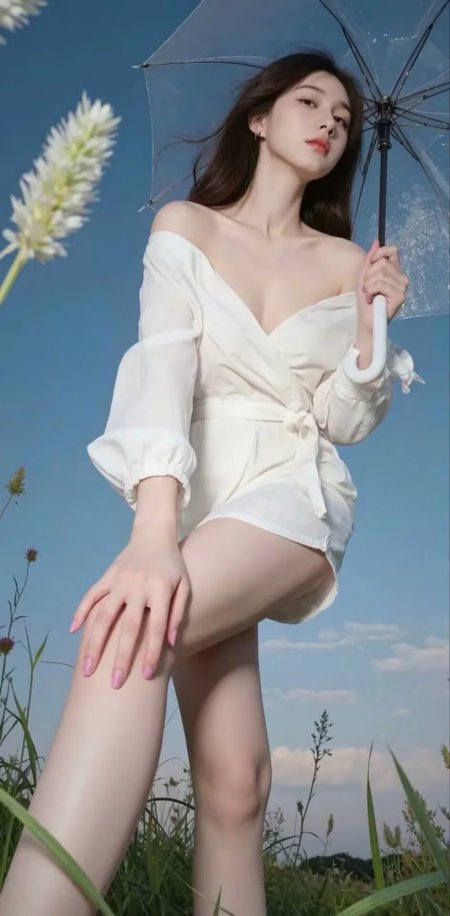 美女穿白露肩连衣裙撑透明伞站草地人物手机壁纸