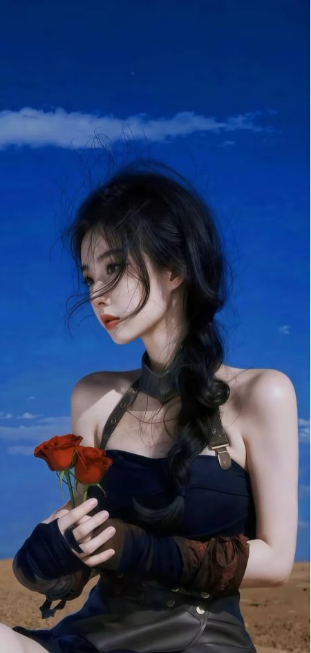 美女穿黑吊带裙持红玫瑰站沙漠人物手机壁纸