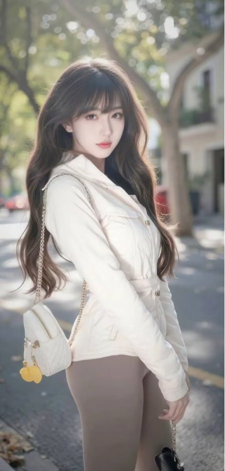 美女穿白外套灰紧身裤背白包站街人物手机壁纸