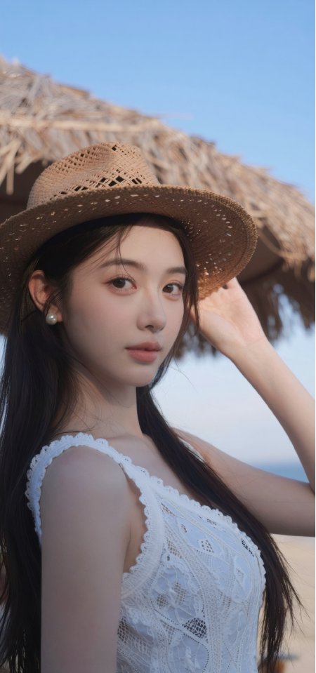 美女草帽白蕾丝裙海边度假人物手机壁纸
