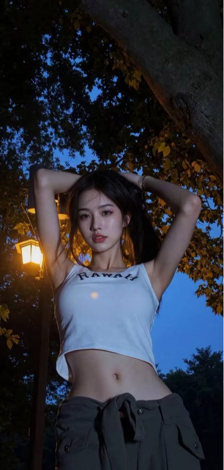 美女穿白背心工装裤路灯下抬手人物手机壁纸