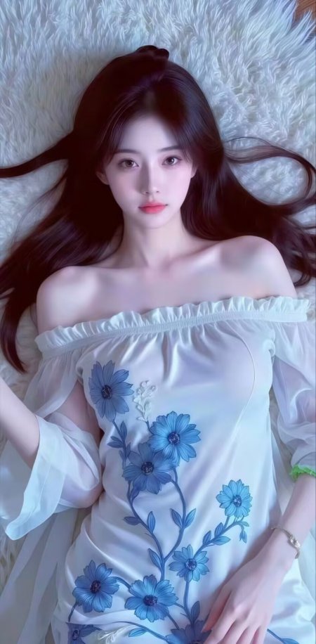 美女穿白蓝花露肩裙躺毛绒毯人物手机壁纸